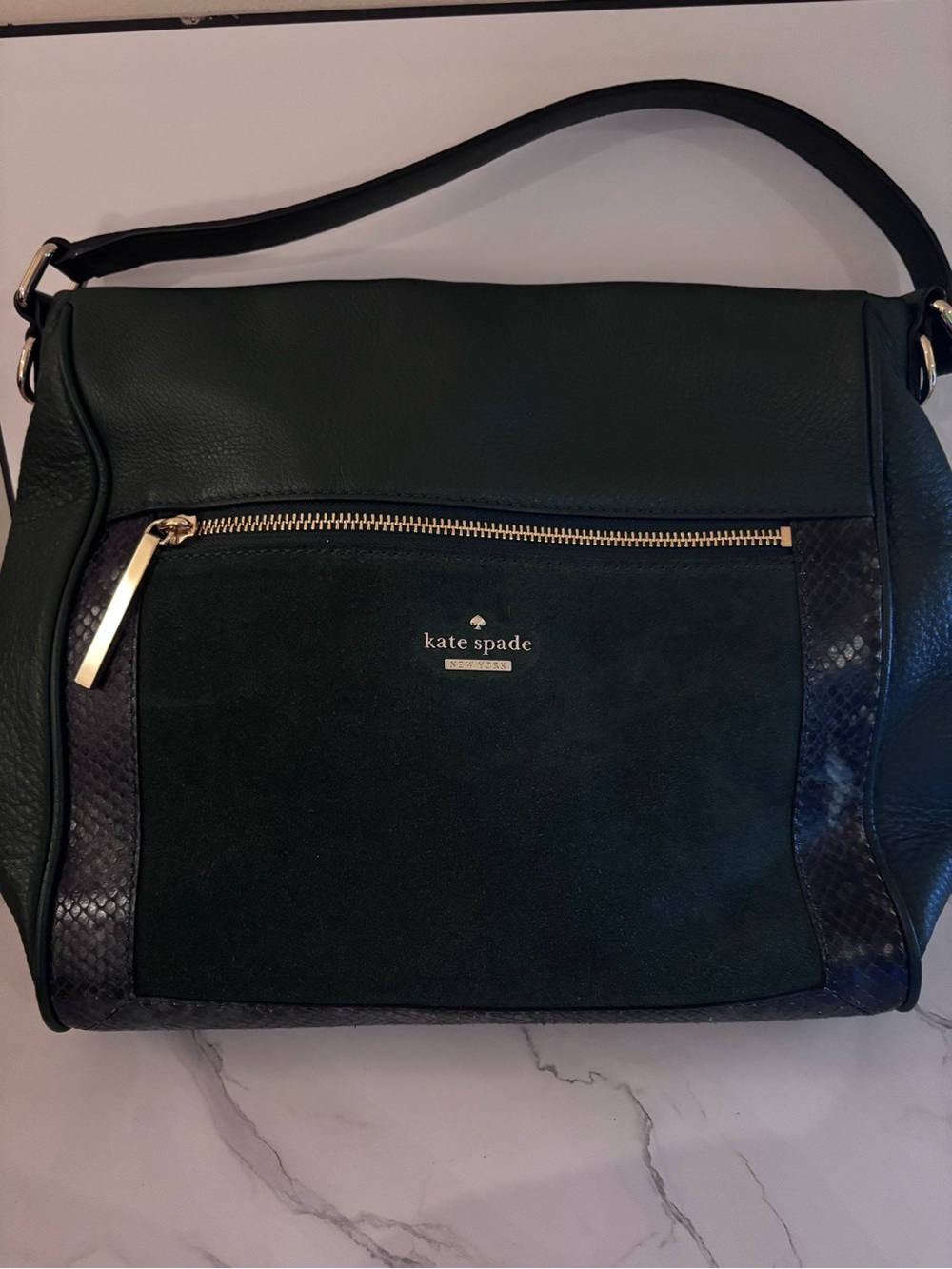 kate spade Dark Green Suede & Leather Shoulder Bag with Gold Hardware